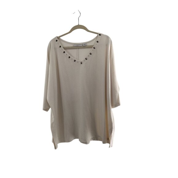 Sag Harbor Stretch Knit Top Studded Neckline Ivory Textured Size 3X Waffle Knit - Picture 1 of 7